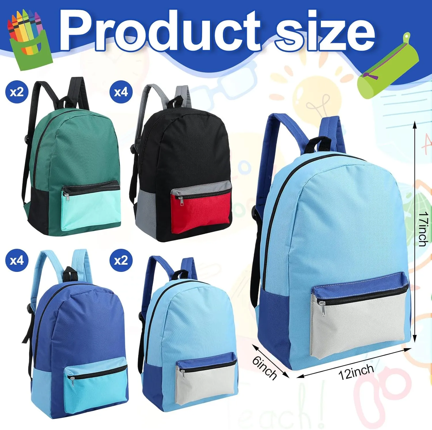 Amylove 24 Packs 12 x 17 x 6 Inches Bulk Backpacks Two Tone Backpacks with Pockets Adjustable Padded Straps Back to School Supplies Bag Bookbag for Kids Women Men Boys Girls (Plain Color)