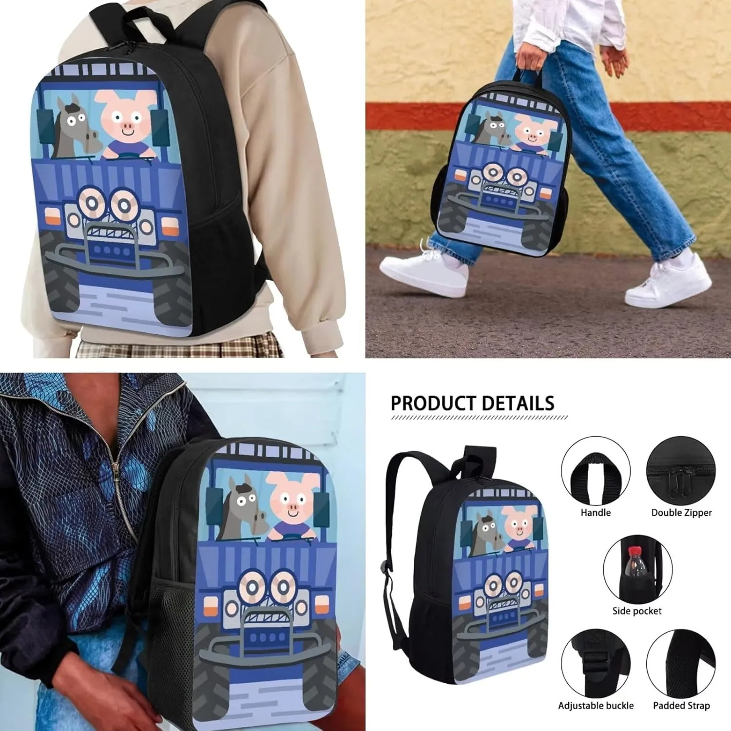 Animal Driver Car at Sunset Backpack for Girls Boys Large Capacity Bookbag for Children School Bookbag 3 Pieces Set With Lunch Bag and Pencil Box Customized Pattern