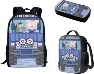 Animal Driver Car at Sunset Backpack for Girls Boys Large Capacity Bookbag for Children School Bookbag 3 Pieces Set With Lunch Bag and Pencil Box Customized Pattern