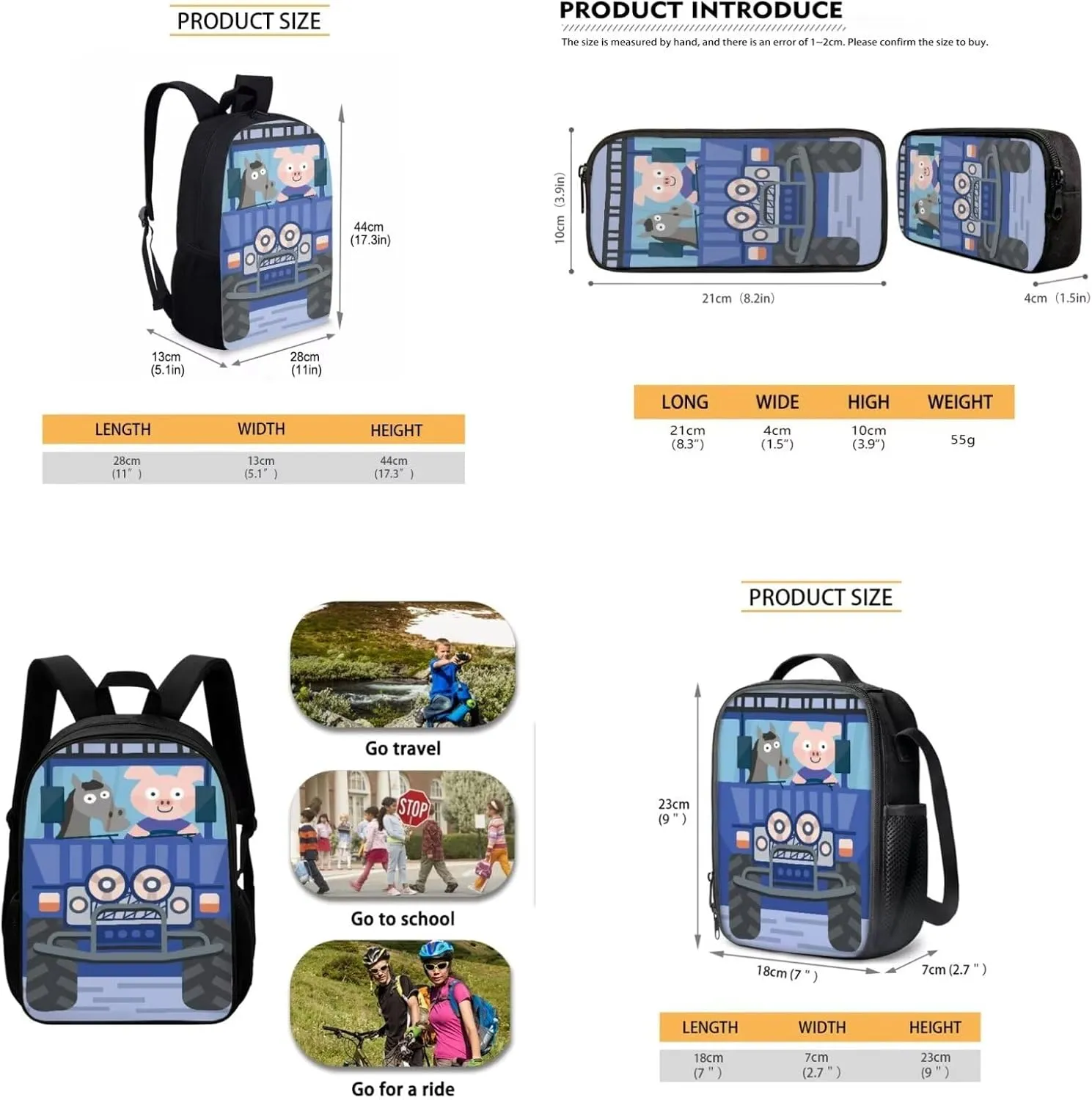 Animal Driver Car at Sunset Backpack for Girls Boys Large Capacity Bookbag for Children School Bookbag 3 Pieces Set With Lunch Bag and Pencil Box Customized Pattern