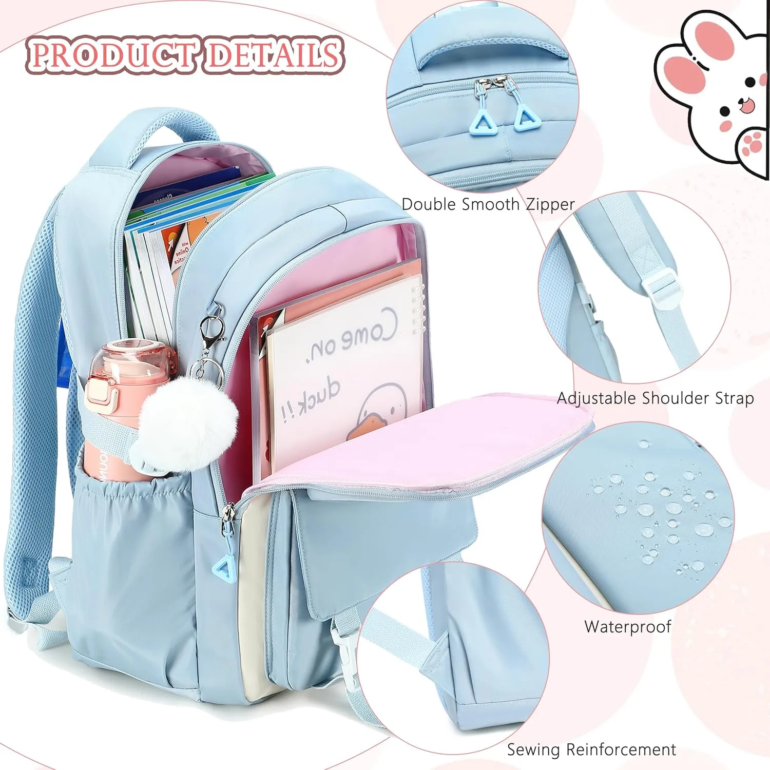 AO ALI VICTORY Backpack for Girls 3 PCS Cute School Backpacks Elementary Kids Book Bag with Lunch Box Pencil Case Set Laptop College Travel Back Pack Large Bookbags for Girl Teens Women Student Blue