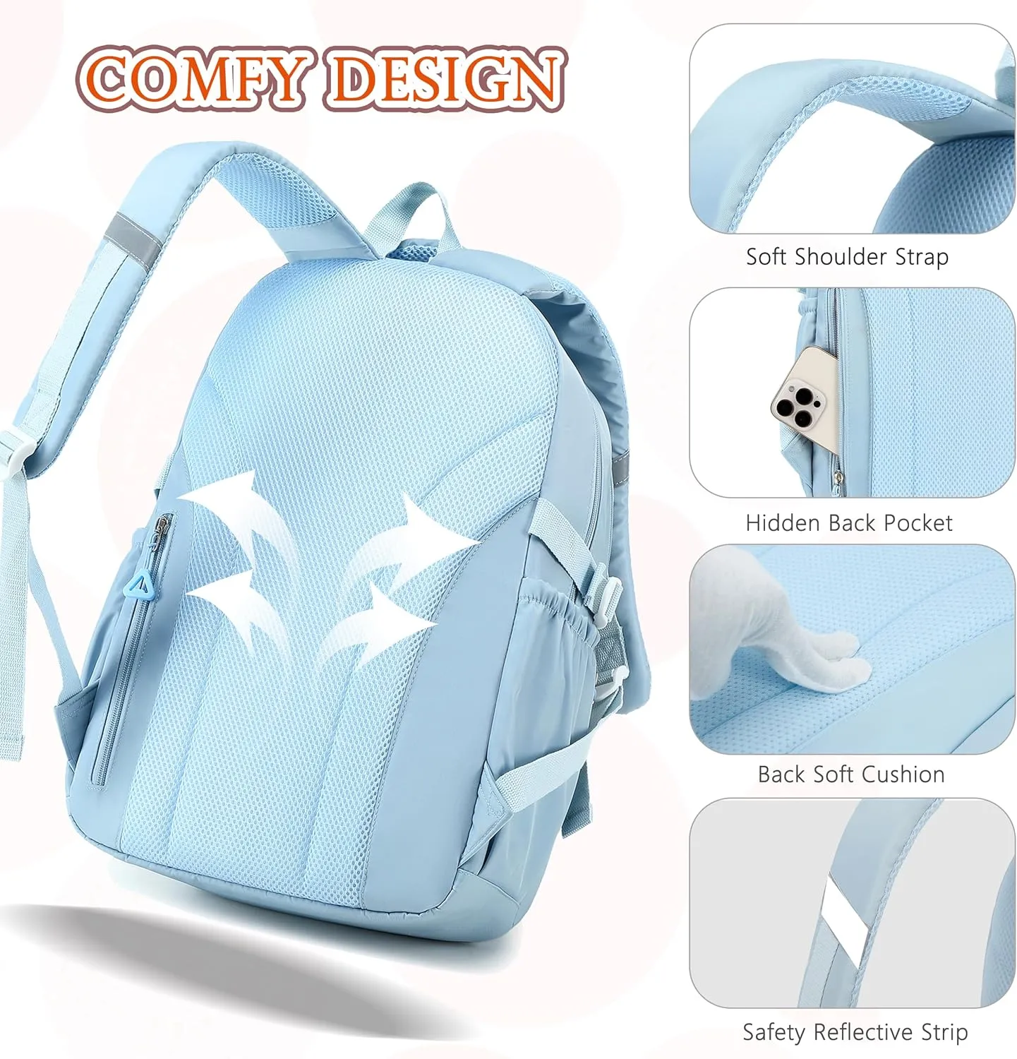 AO ALI VICTORY Backpack for Girls 3 PCS Cute School Backpacks Elementary Kids Book Bag with Lunch Box Pencil Case Set Laptop College Travel Back Pack Large Bookbags for Girl Teens Women Student Blue