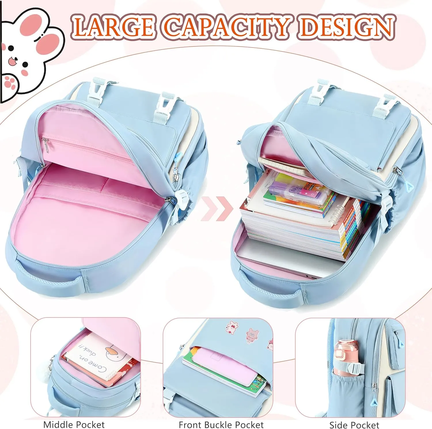AO ALI VICTORY Backpack for Girls 3 PCS Cute School Backpacks Elementary Kids Book Bag with Lunch Box Pencil Case Set Laptop College Travel Back Pack Large Bookbags for Girl Teens Women Student Blue