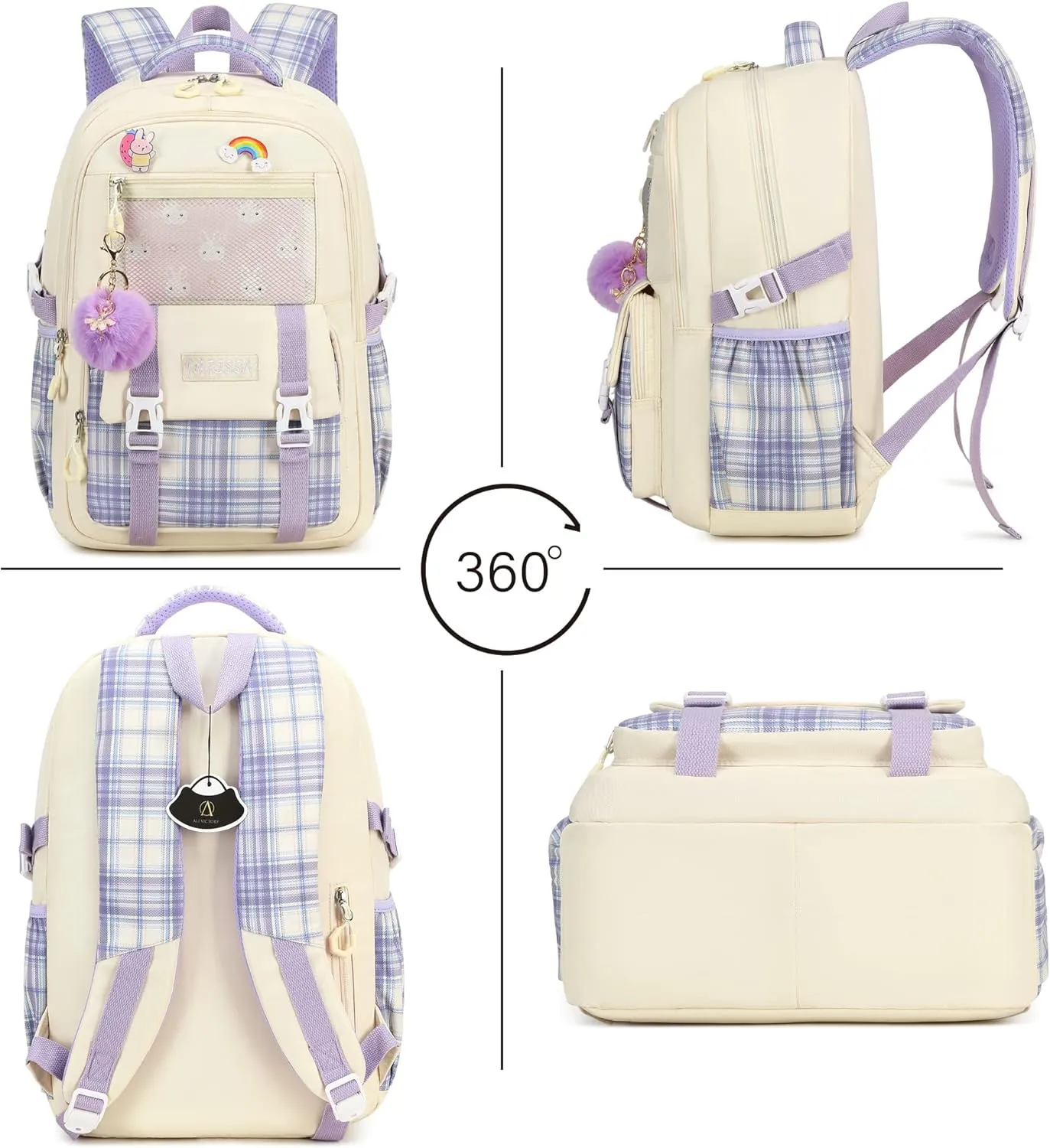 AO ALI VICTORY Girls Backpack 15.6 Inch Laptop School Bag Cute Kids Elementary College Backpacks Large Bookbags for Teen Girl Women Students Anti Theft Travel Daypack - Beige