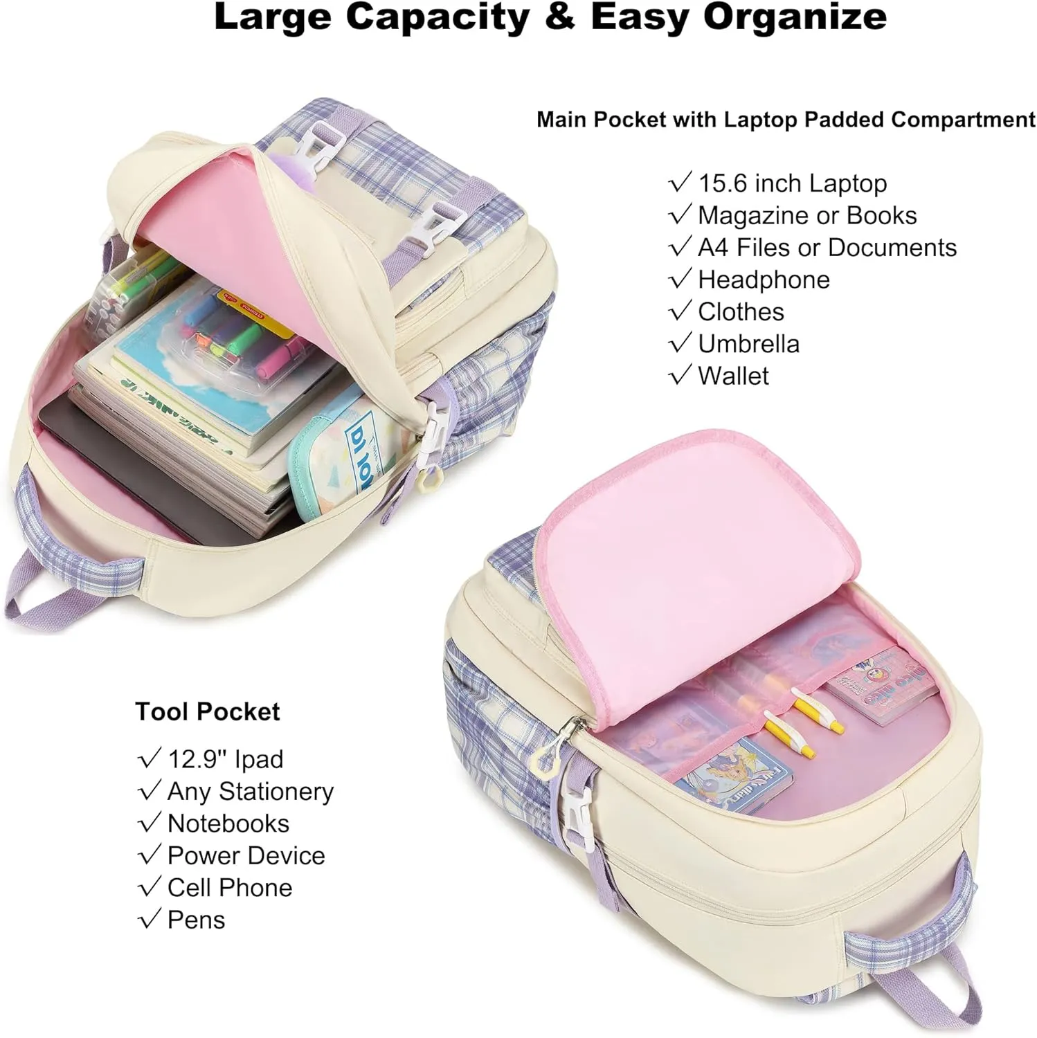 AO ALI VICTORY Girls Backpack 15.6 Inch Laptop School Bag Cute Kids Elementary College Backpacks Large Bookbags for Teen Girl Women Students Anti Theft Travel Daypack - Beige