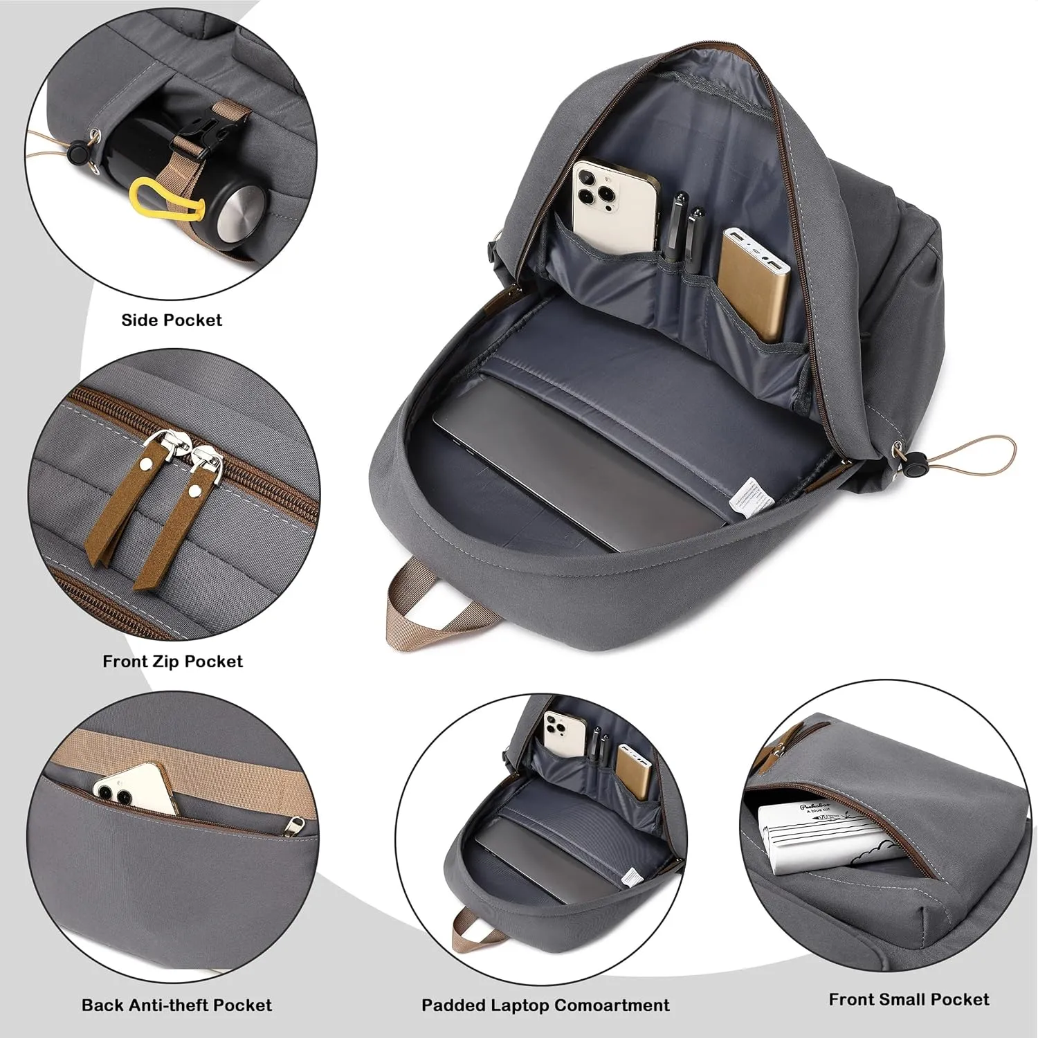 AO ALI VICTORY laptop backpack 15.6 inch anti theft travel backpacks for men and women large college bookbag work business daypack middle high school bag for girls boys teens students grey