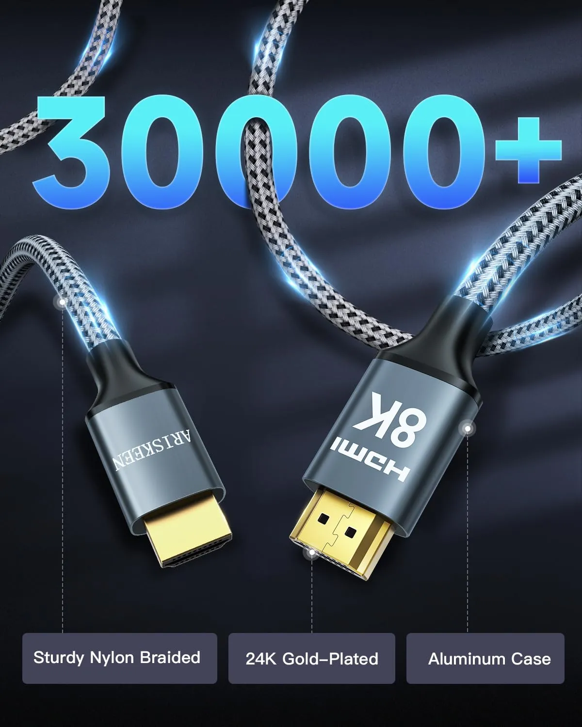 ARISKEEN 8K HDMI Cable 40FT, 48Gbps High Speed HDMI 2.1 Cable, 8K 60Hz, 4K 120Hz 144Hz Support for HDR 10, HDCP 2.2 2.3, eARC, DTS:X, Braided HDMI Cord Compatible with Laptop/HDTV/Monitor - 40 Feet