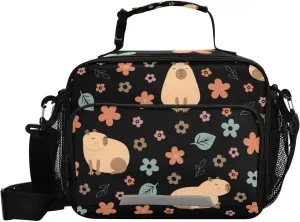 Aslsiy Lunch Bag for Women Capybara with Flowers Insulated Lunch Box Handbag with Adjustable Shoulder Strap for Office Picnic Travel