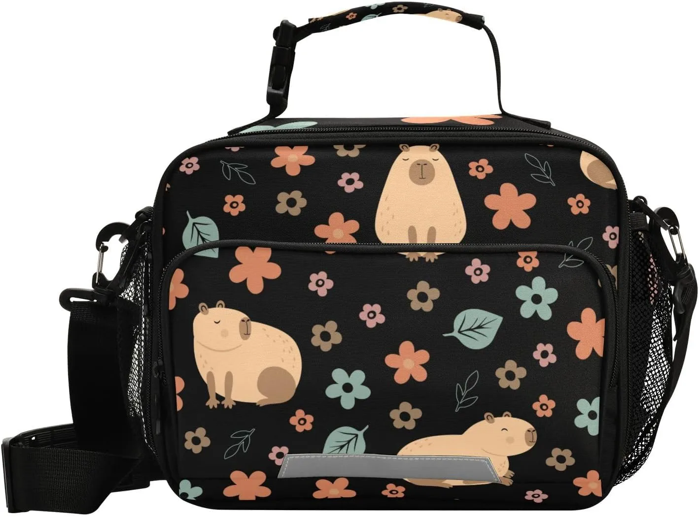 Aslsiy Lunch Bag for Women Capybara with Flowers Insulated Lunch Box Handbag with Adjustable Shoulder Strap for Office Picnic Travel
