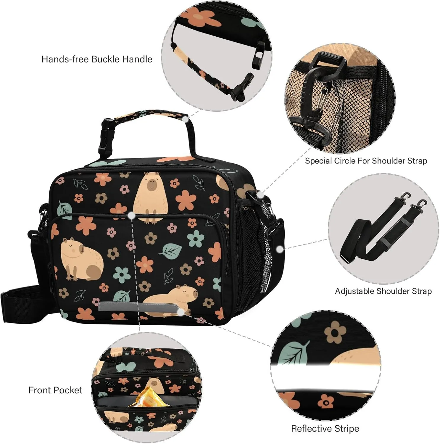 Aslsiy Lunch Bag for Women Capybara with Flowers Insulated Lunch Box Handbag with Adjustable Shoulder Strap for Office Picnic Travel