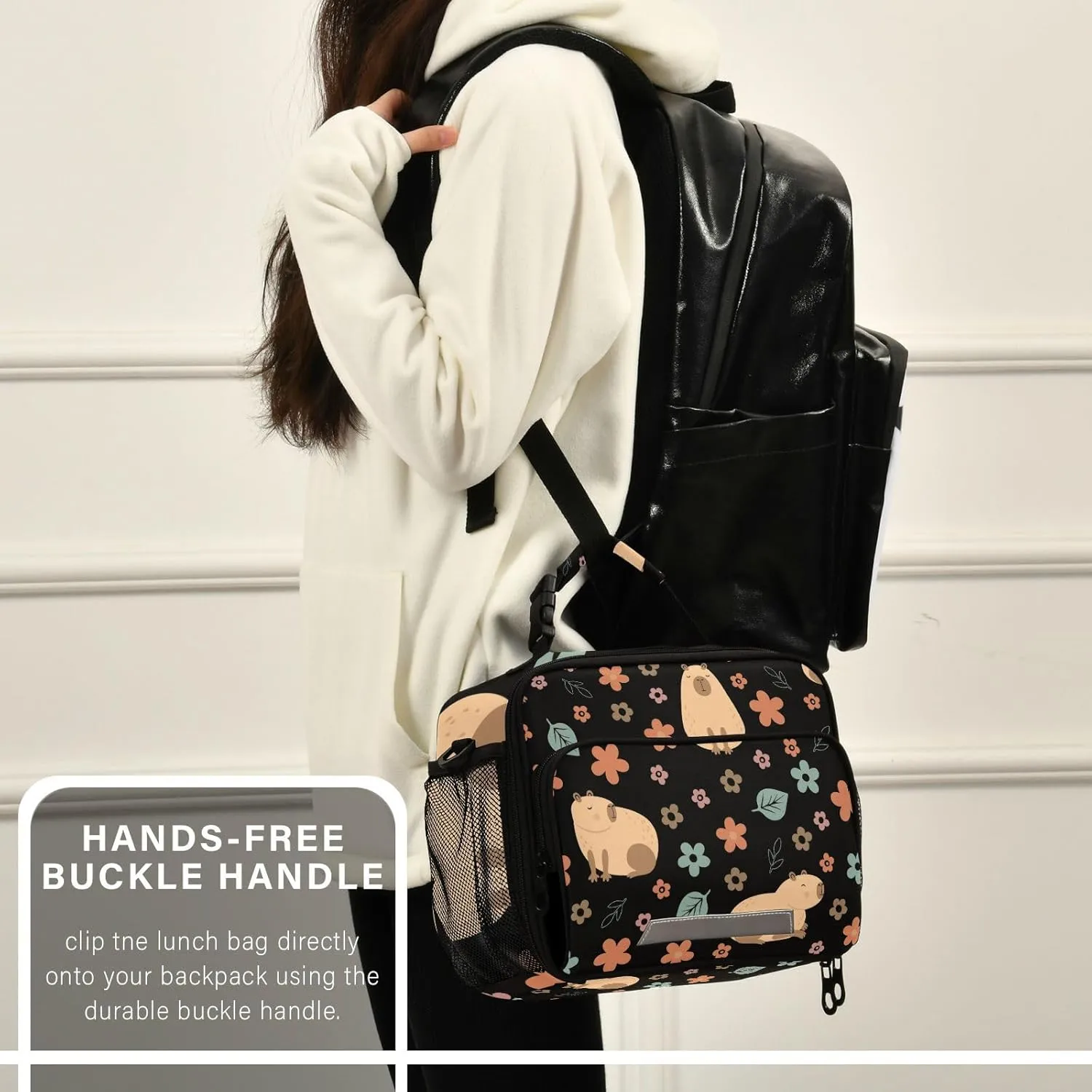 Aslsiy Lunch Bag for Women Capybara with Flowers Insulated Lunch Box Handbag with Adjustable Shoulder Strap for Office Picnic Travel