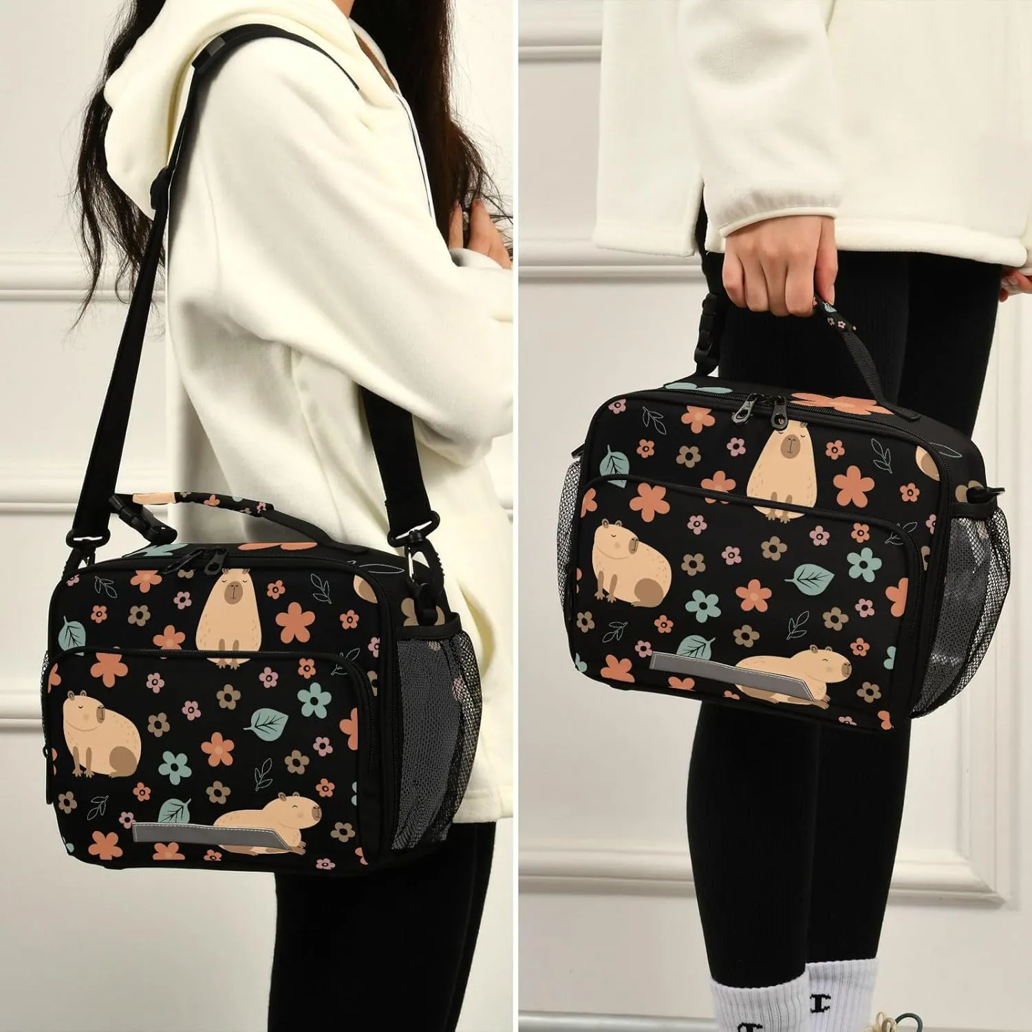 Aslsiy Lunch Bag for Women Capybara with Flowers Insulated Lunch Box Handbag with Adjustable Shoulder Strap for Office Picnic Travel
