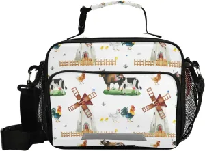 Aslsiy Lunch Bag for Women Cute Farm Cows Insulated Lunch Box Windmill Handbag with Adjustable Shoulder Strap for Office Picnic Travel