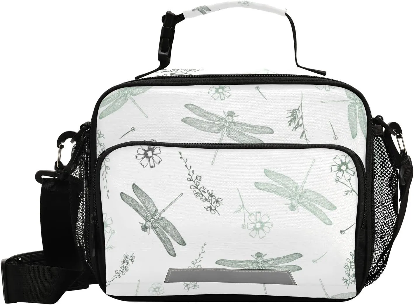 Aslsiy Lunch Bag for Women Dragonflies and Flowers Insulated Lunch Box Gentle Handbag with Adjustable Shoulder Strap for Office Picnic Travel