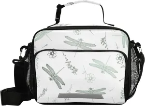 Aslsiy Lunch Bag for Women Dragonflies and Flowers Insulated Lunch Box Gentle Handbag with Adjustable Shoulder Strap for Office Picnic Travel
