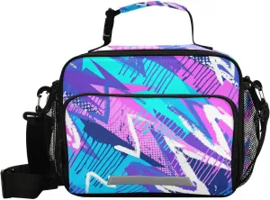 Aslsiy Lunch Bag for Women Kids Abstract Chaotic Pattern Insulated Lunch Box Blue Purple Handbag with Adjustable Shoulder Strap for School Picnic Travel