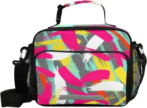Aslsiy Lunch Bag for Women Kids Brush Stroke Chaotic Insulated Lunch Box Colorful Handbag with Adjustable Shoulder Strap for School Picnic Travel