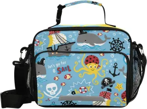 Aslsiy Lunch Bag for Women Pirates Cartoon Insulated Lunch Box Whales Octopus Handbag with Adjustable Shoulder Strap for Office Picnic Travel