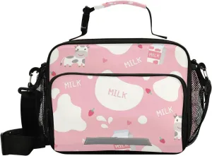 Aslsiy Lunch Bag for Women Strawberry Flavor Milk Box Insulated Lunch Box Handbag with Adjustable Shoulder Strap for Office Picnic Travel
