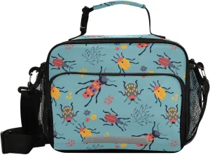 Aslsiy Reusable Lunch Bag Cute Beetles Flower Insulated Lunch Box for Women Cooler Bag Handbag with Adjustable Shoulder Strap for School Office Picnic