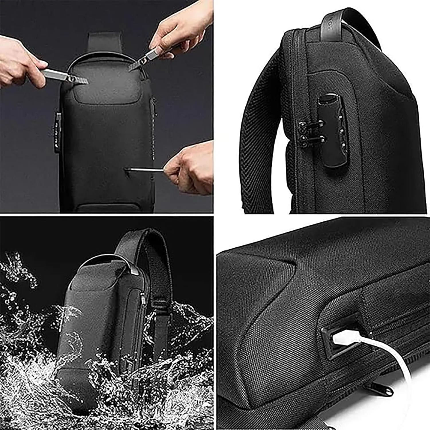 Auricz Bag, Carbon Fiber Streamline Anti-Theft Sling Bag, USB Waterproof Chest Daypack Casual Shoulder Bags Backpack (Black)