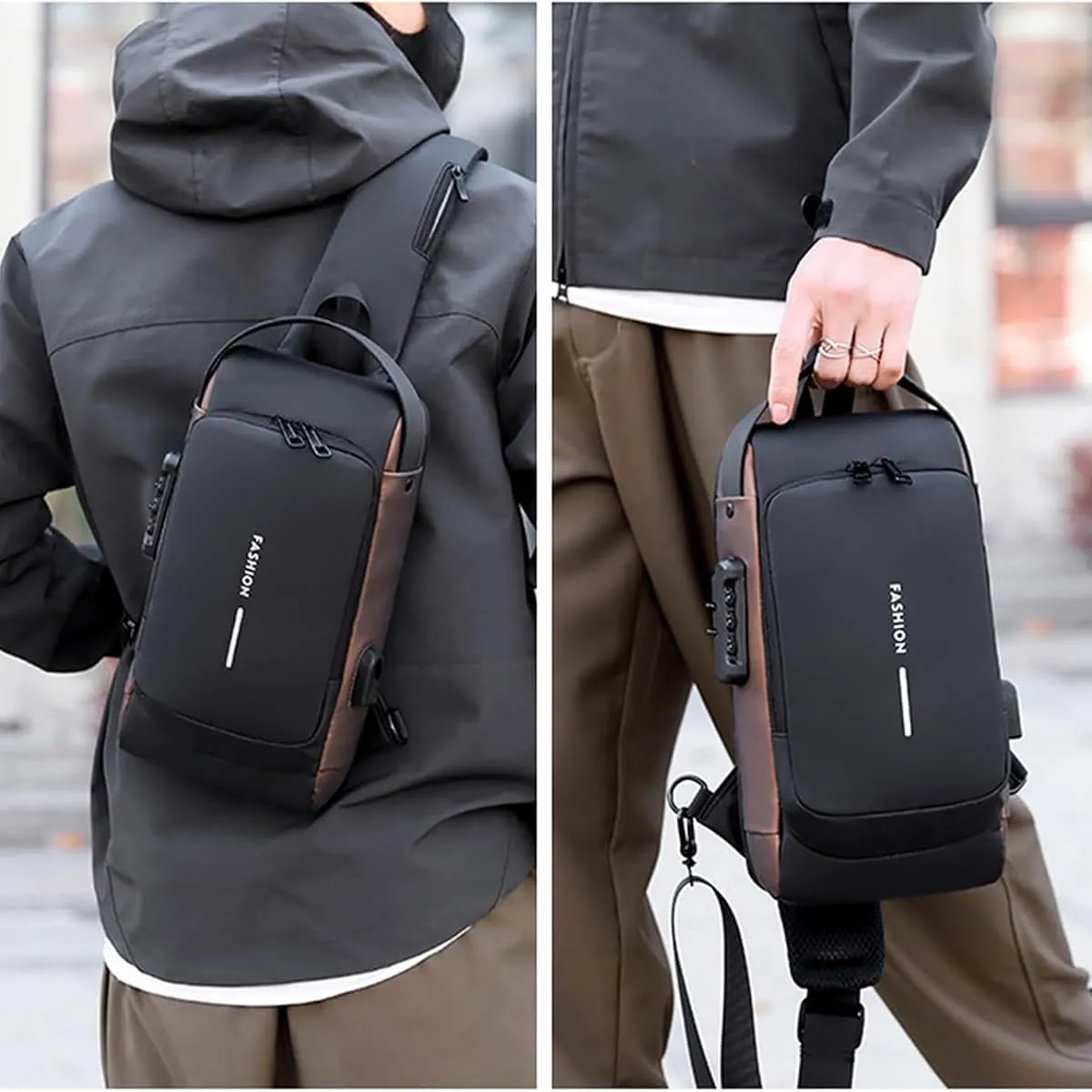 Auricz Bag,New Carbon Fiber Streamline Anti-Theft Sling Bag,Sports Waterproof Shoulder Crossbody Bags with Lock USB Charging (Black)