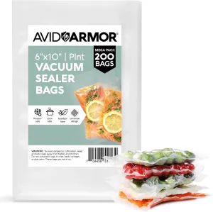Avid Armor Pre-Cut Pint Size Vacuum Sealer Bags 6x10 Inch 200 Pack - BPA Free, Heavy Duty, Commercial Grade, Compatible with FoodSaver & Seal-a-Meal, Perfect for Sous Vide & Food Storage