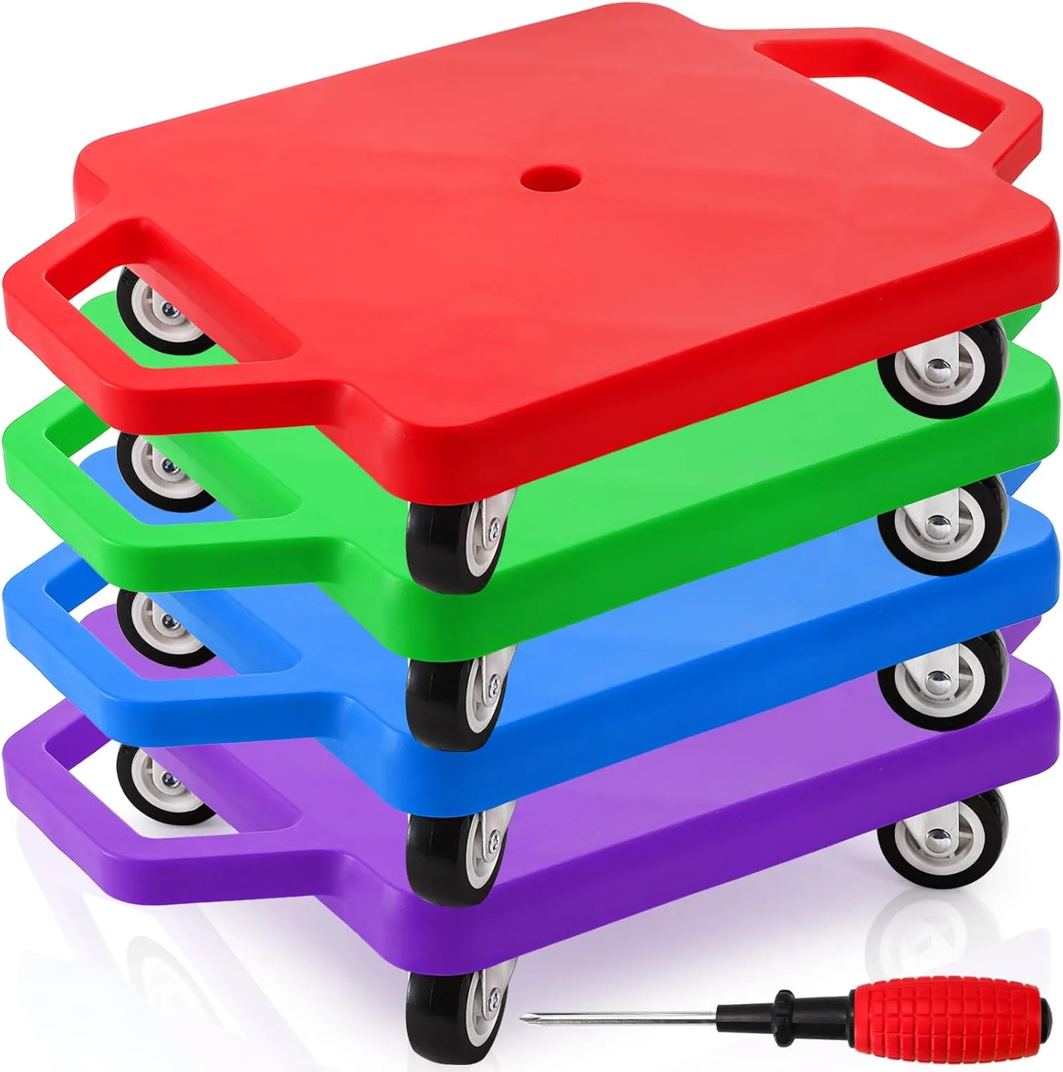 AVLA 4 Pack Sports Scooter Board with Handles, Plastic Casters Floor Scooters for Kids, Indoor Sitting Scooter with Rollers, Physical Education for Home, Homeschool Supplies