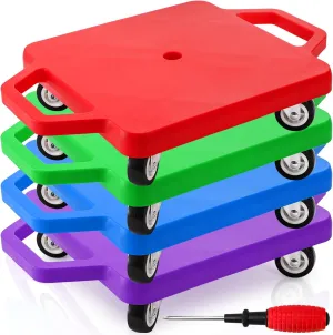 AVLA 4 Pack Sports Scooter Board with Handles, Plastic Casters Floor Scooters for Kids, Indoor Sitting Scooter with Rollers, Physical Education for Home, Homeschool Supplies