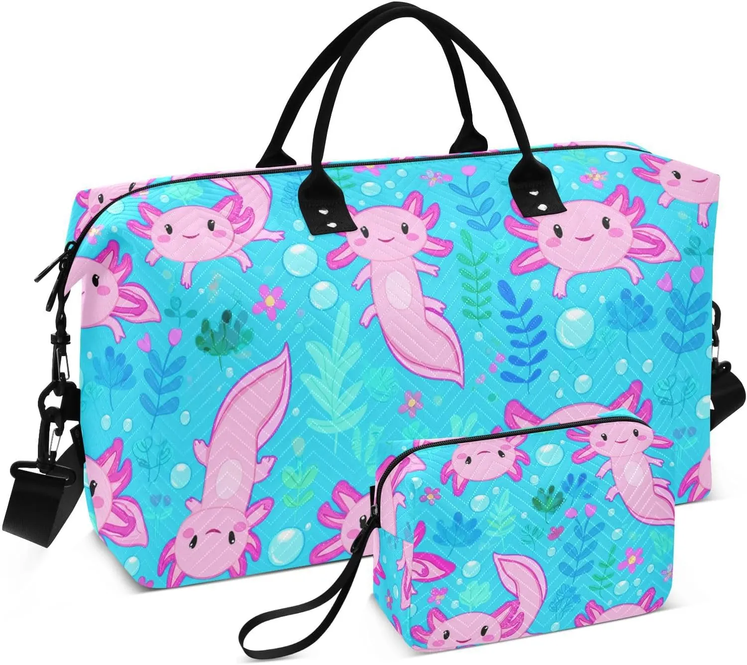 Axolotl Flower Bubble Cyan Sports Gym Bag for Women Men Travel Duffel Bag Weekend Overnight Carry on Bag with Toiletry Bag Air Travel Bag for Yoga Workout Swimming Hospital Plane