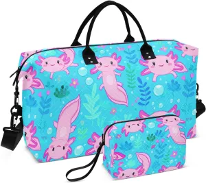 Axolotl Flower Bubble Cyan Sports Gym Bag for Women Men Travel Duffel Bag Weekend Overnight Carry on Bag with Toiletry Bag Air Travel Bag for Yoga Workout Swimming Hospital Plane