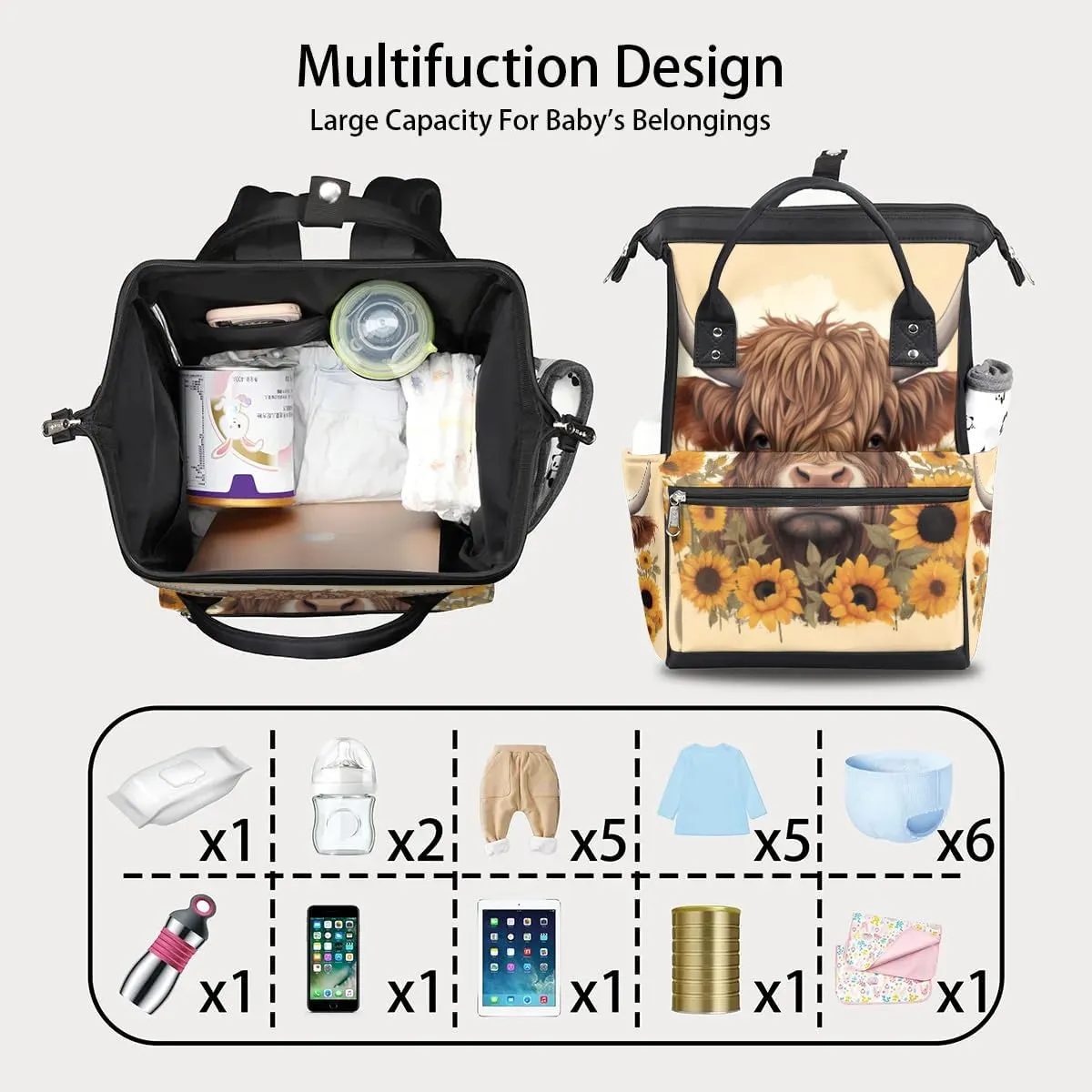 Baby Diaper Bag Backpack,Sunflower Highland Cow Baby Bag for Boys & Girls, Multi function Waterproof Travel Essentials Baby Organizer Bag with Stroller Straps,Diaper Backpack for Mom/Dad,A765