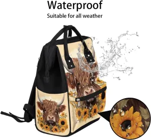 Baby Diaper Bag Backpack,Sunflower Highland Cow Baby Bag for Boys & Girls, Multi function Waterproof Travel Essentials Baby Organizer Bag with Stroller Straps,Diaper Backpack for Mom/Dad,A765