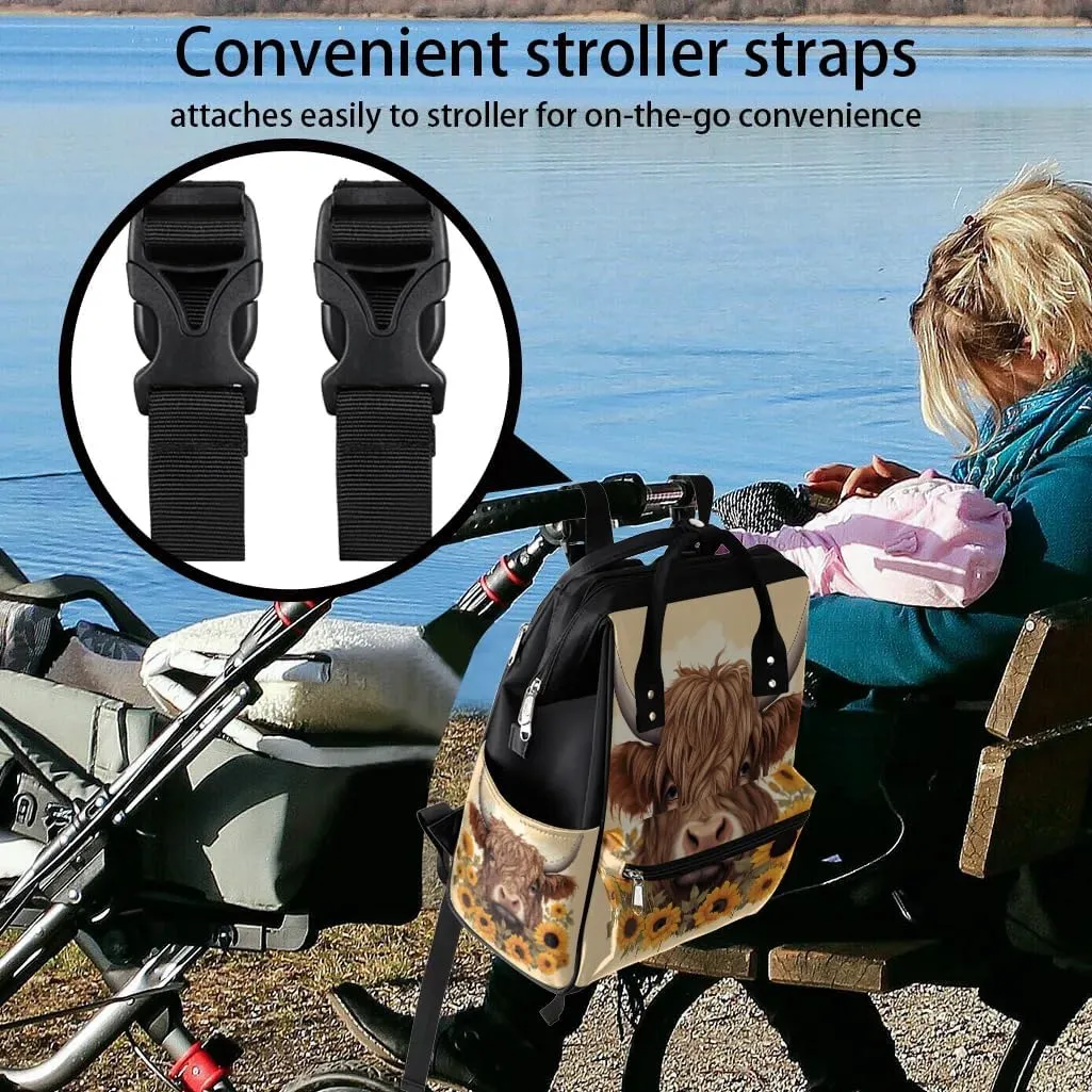 Baby Diaper Bag Backpack,Sunflower Highland Cow Baby Bag for Boys & Girls, Multi function Waterproof Travel Essentials Baby Organizer Bag with Stroller Straps,Diaper Backpack for Mom/Dad,A765