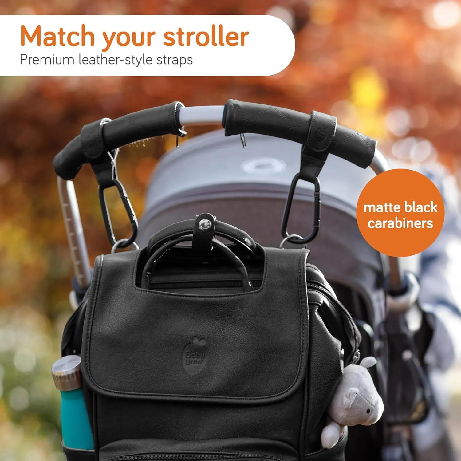 Baby Uma Stroller Hooks for Bags (2 Pack) - Faux-Leather Stroller Clips and Hooks, Universal, 11 lb Weight Capacity per Carabiner, Adjustable & Non-Slip, Baby Travel Essential (Black)