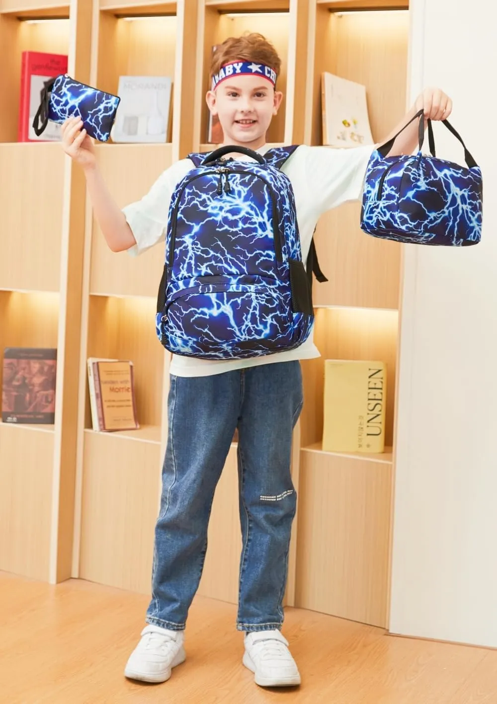 Backpack for Boy Middle School Lightning Bookbag Durable Student Teenager Sturdy Lightweight Waterproof (3-Blue Lightning)