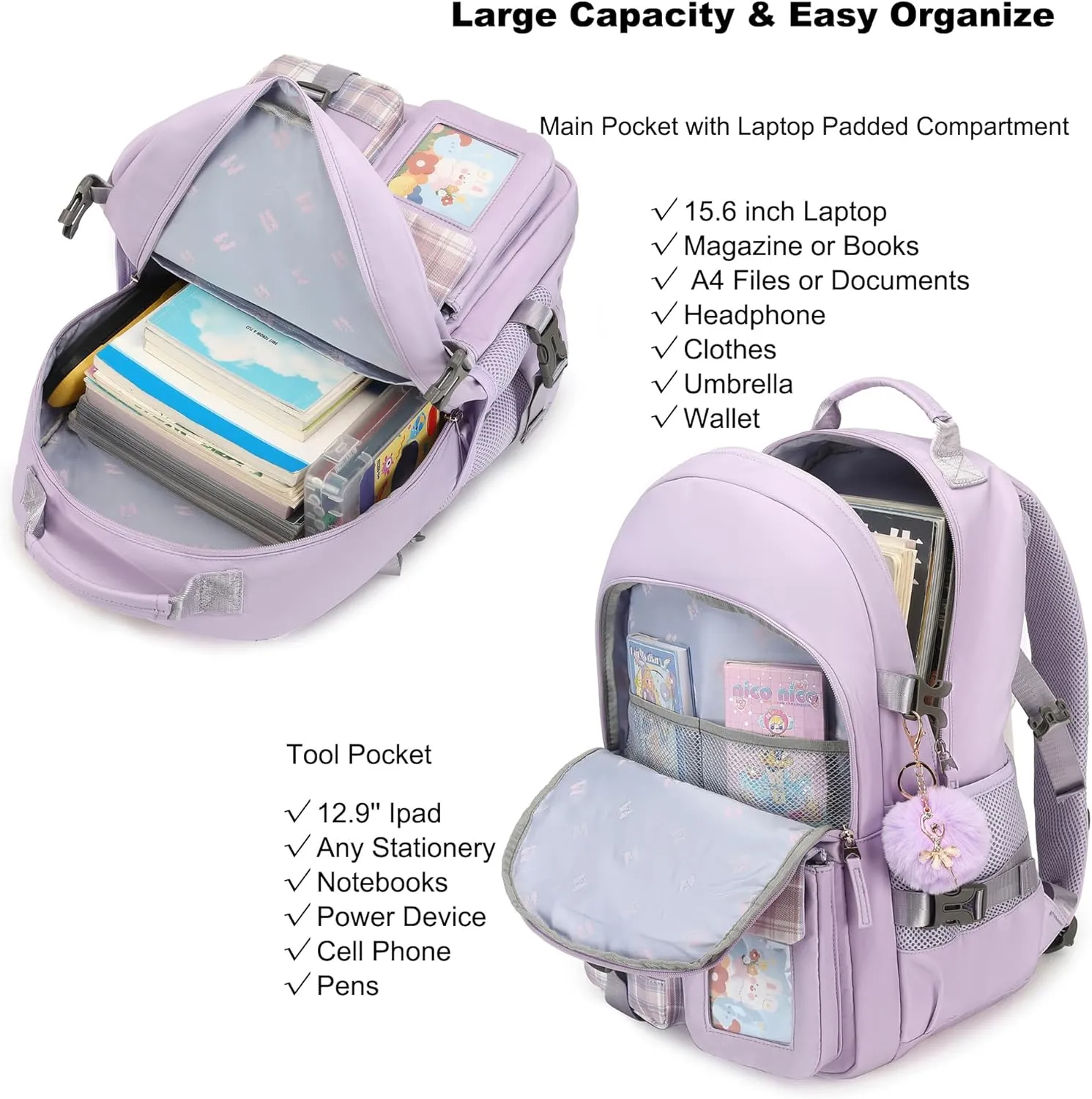 Backpack for Girls, 15.6 Inch Laptop School Bag Kids Kindergarten Elementary College Backpacks Large Bookbags for Teen Girl Women Students Casual Travel Daypacks (Purple)