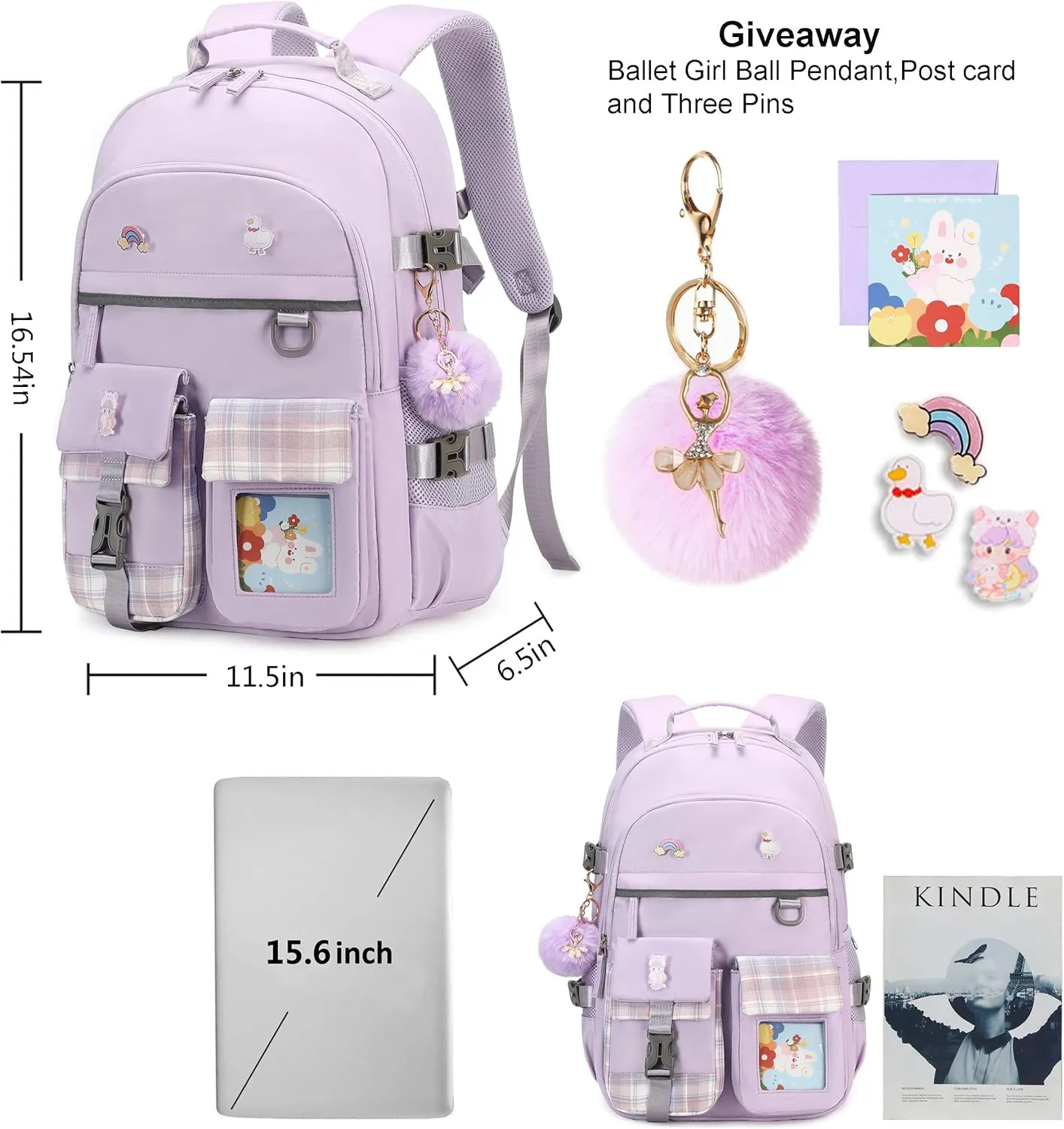 Backpack for Girls, 15.6 Inch Laptop School Bag Kids Kindergarten Elementary College Backpacks Large Bookbags for Teen Girl Women Students Casual Travel Daypacks (Purple)