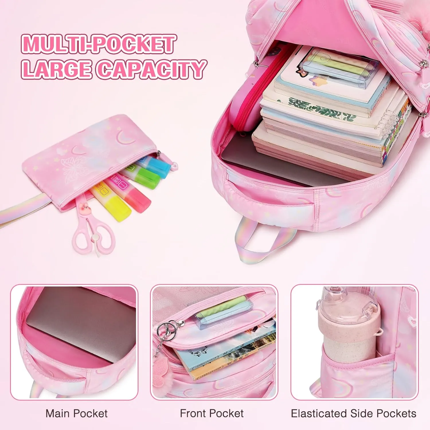 Backpack for Girls, Rainbow Butterfly Girls Backpacks with Lunch Bag Pencil Case Set, Kids Backpack Kindergarten Elementary Middle School Book Bag for Teen Girl Children Students