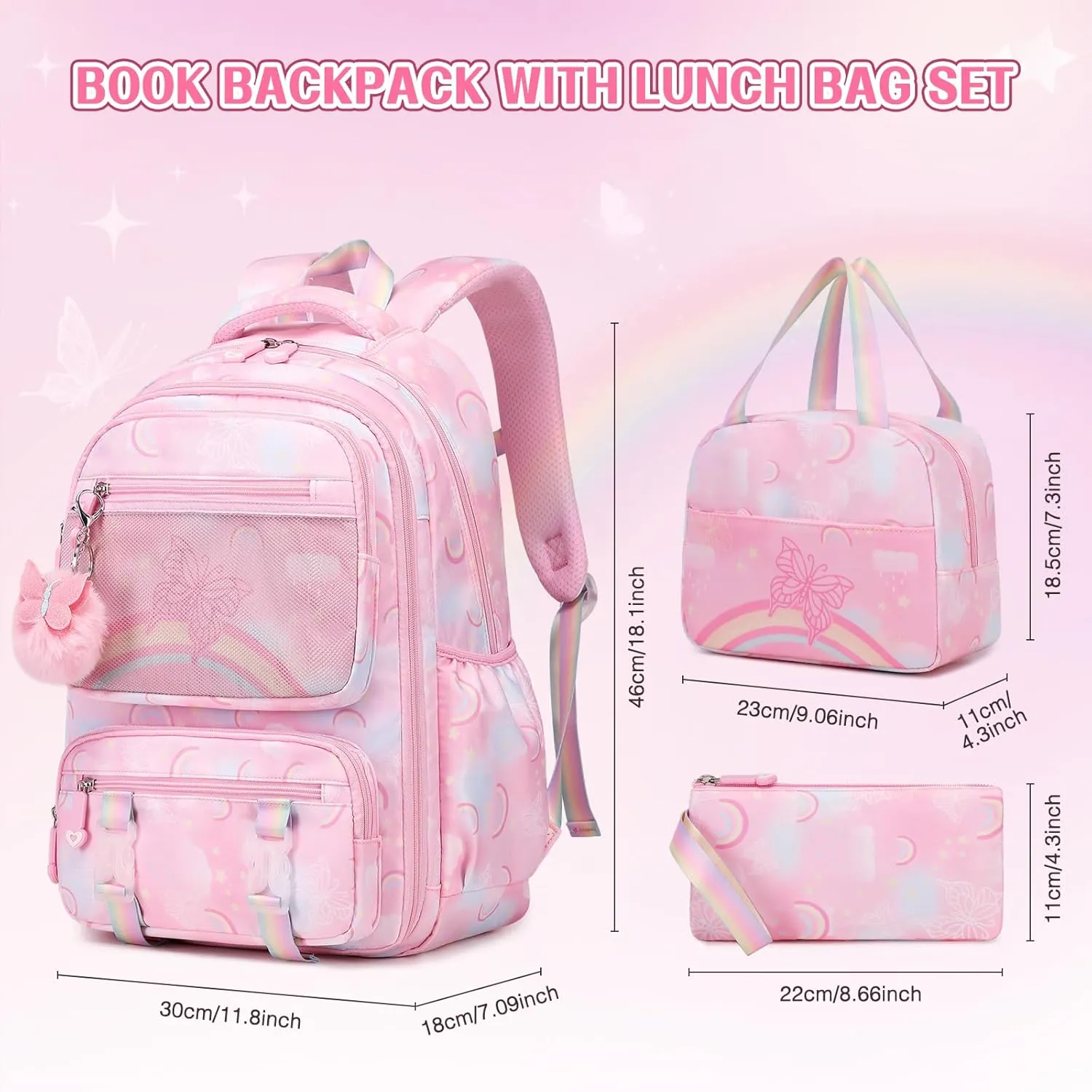 Backpack for Girls, Rainbow Butterfly Girls Backpacks with Lunch Bag Pencil Case Set, Kids Backpack Kindergarten Elementary Middle School Book Bag for Teen Girl Children Students