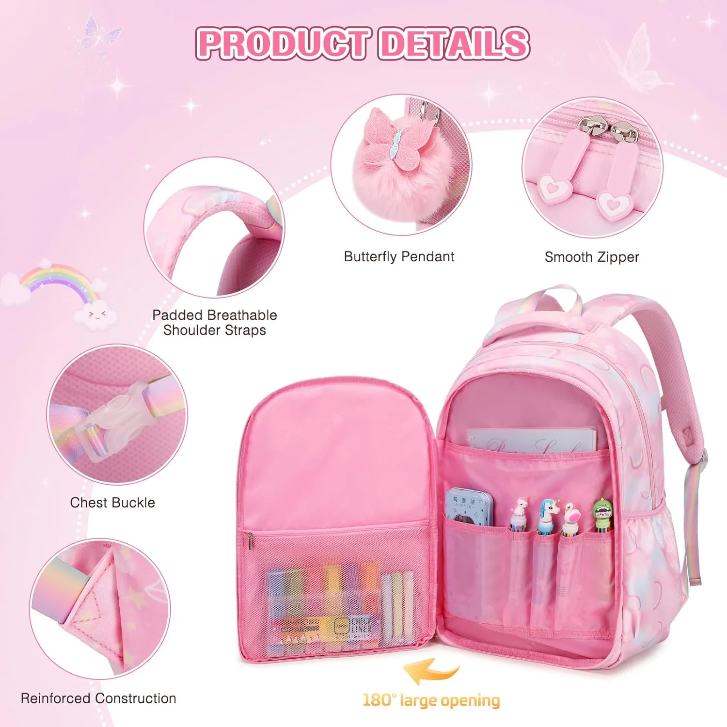 Backpack for Girls, Rainbow Butterfly Girls Backpacks with Lunch Bag Pencil Case Set, Kids Backpack Kindergarten Elementary Middle School Book Bag for Teen Girl Children Students