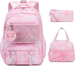 Backpack for Girls, Rainbow Butterfly Girls Backpacks with Lunch Bag Pencil Case Set, Kids Backpack Kindergarten Elementary Middle School Book Bag for Teen Girl Children Students