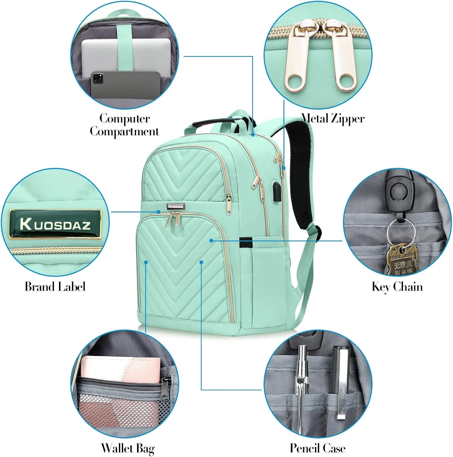 Backpack for Men Women, School Backpack for Boys Girls, 15.6 Inch Quilted Laptop Backpack with USB Charging Port, Large High School Bookbags for Teens, Teal