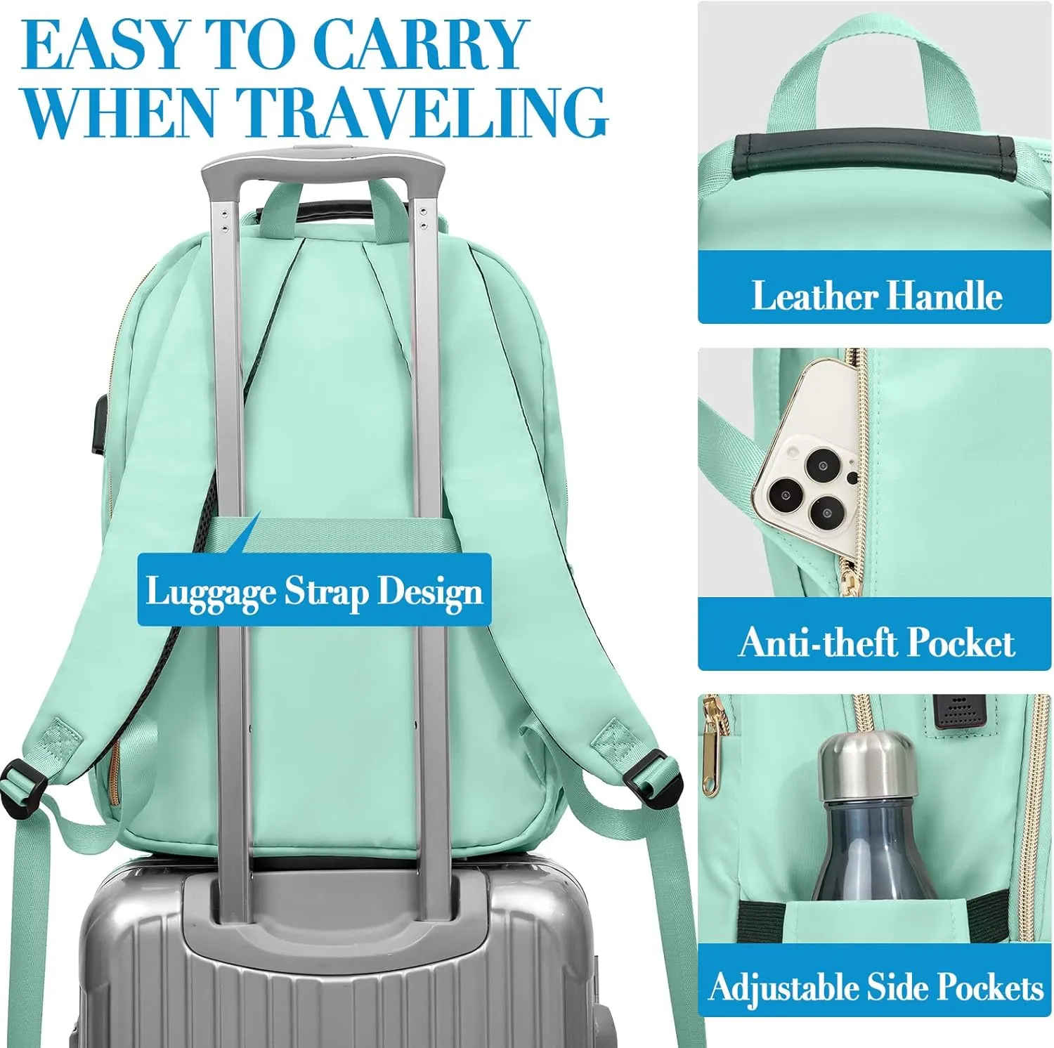 Backpack for Men Women, School Backpack for Boys Girls, 15.6 Inch Quilted Laptop Backpack with USB Charging Port, Large High School Bookbags for Teens, Teal