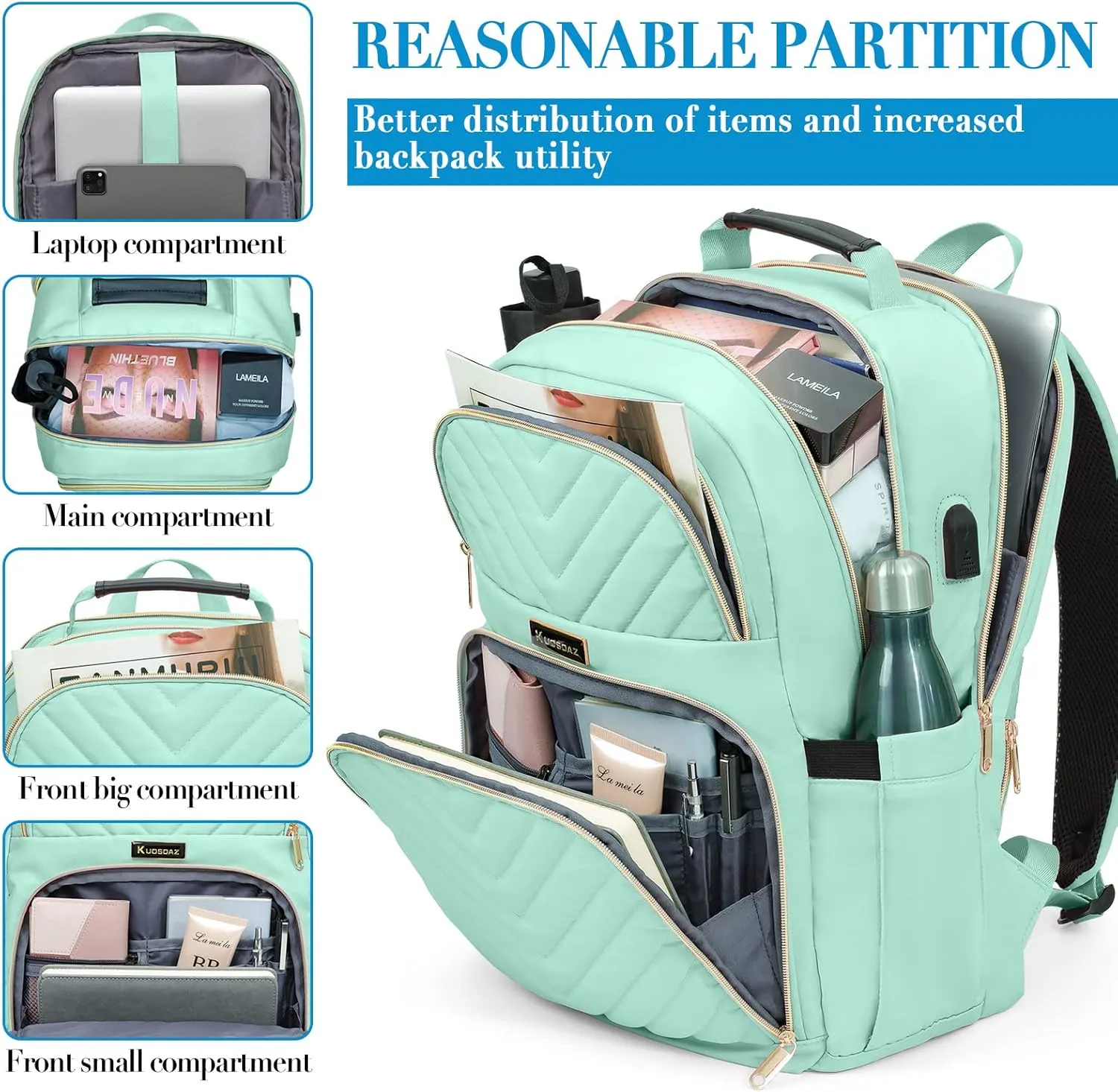 Backpack for Men Women, School Backpack for Boys Girls, 15.6 Inch Quilted Laptop Backpack with USB Charging Port, Large High School Bookbags for Teens, Teal
