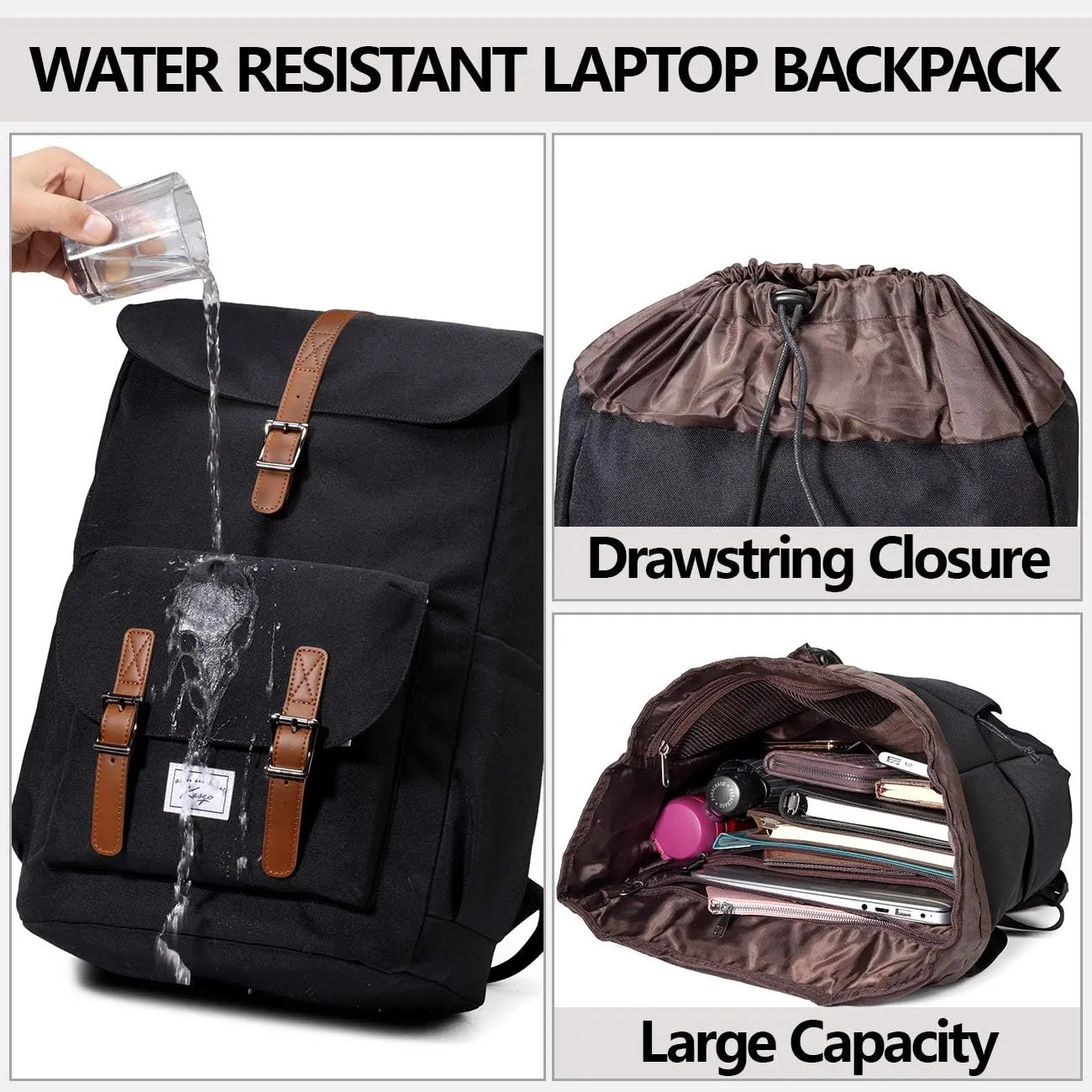 Backpack for Men,Large Water Resistant Fashion Travel Drawstring Backpack Rucksack with Laptop Sleeve for School/Work/College/Adults Black