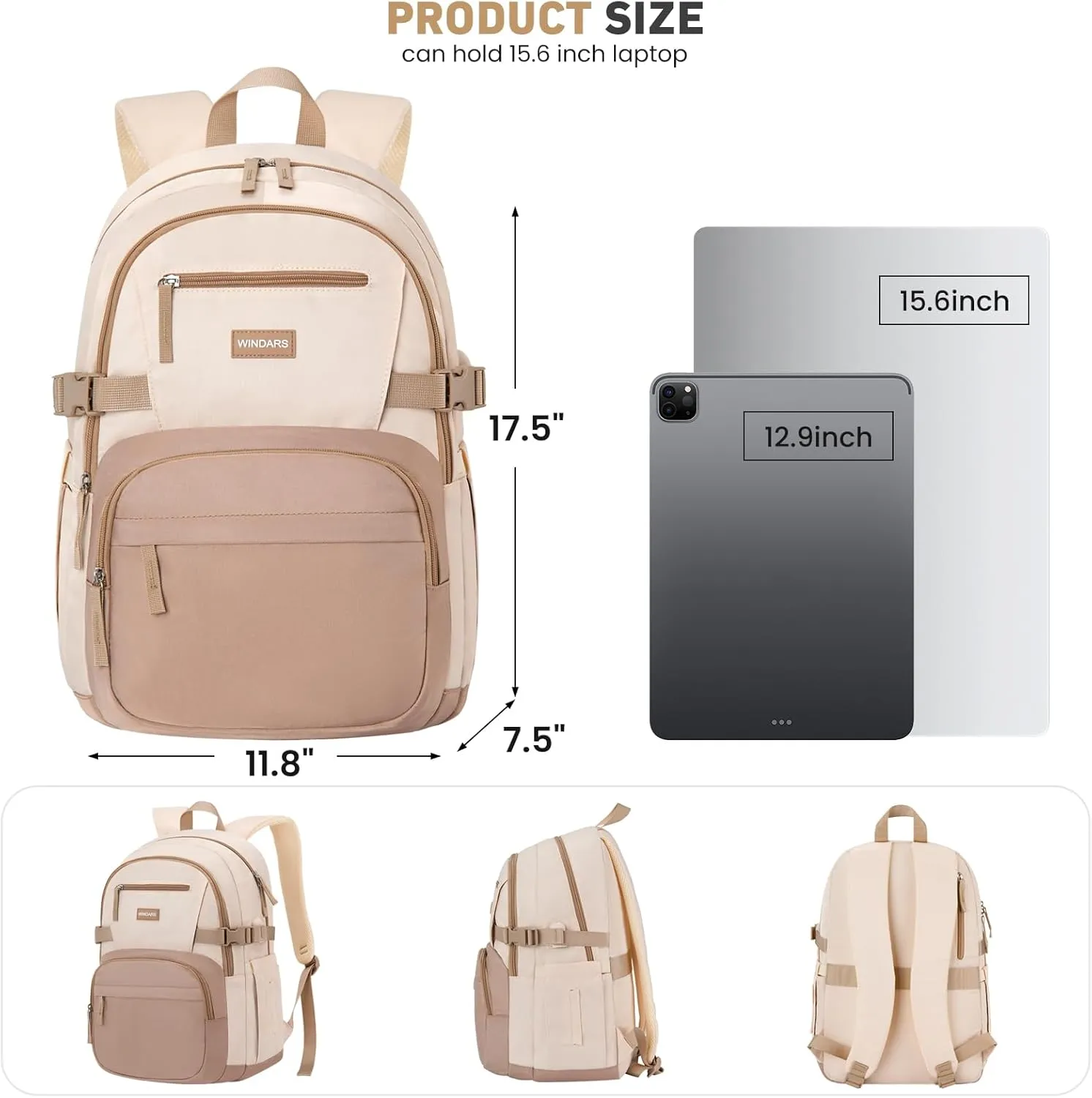 Backpack for School Girls, Cute High School Backpacks for Teens Women Student Large Bookbag 15.6 Inch Laptop Bag with USB Charger Port for College Work Travel Trip (Khaki Beige)