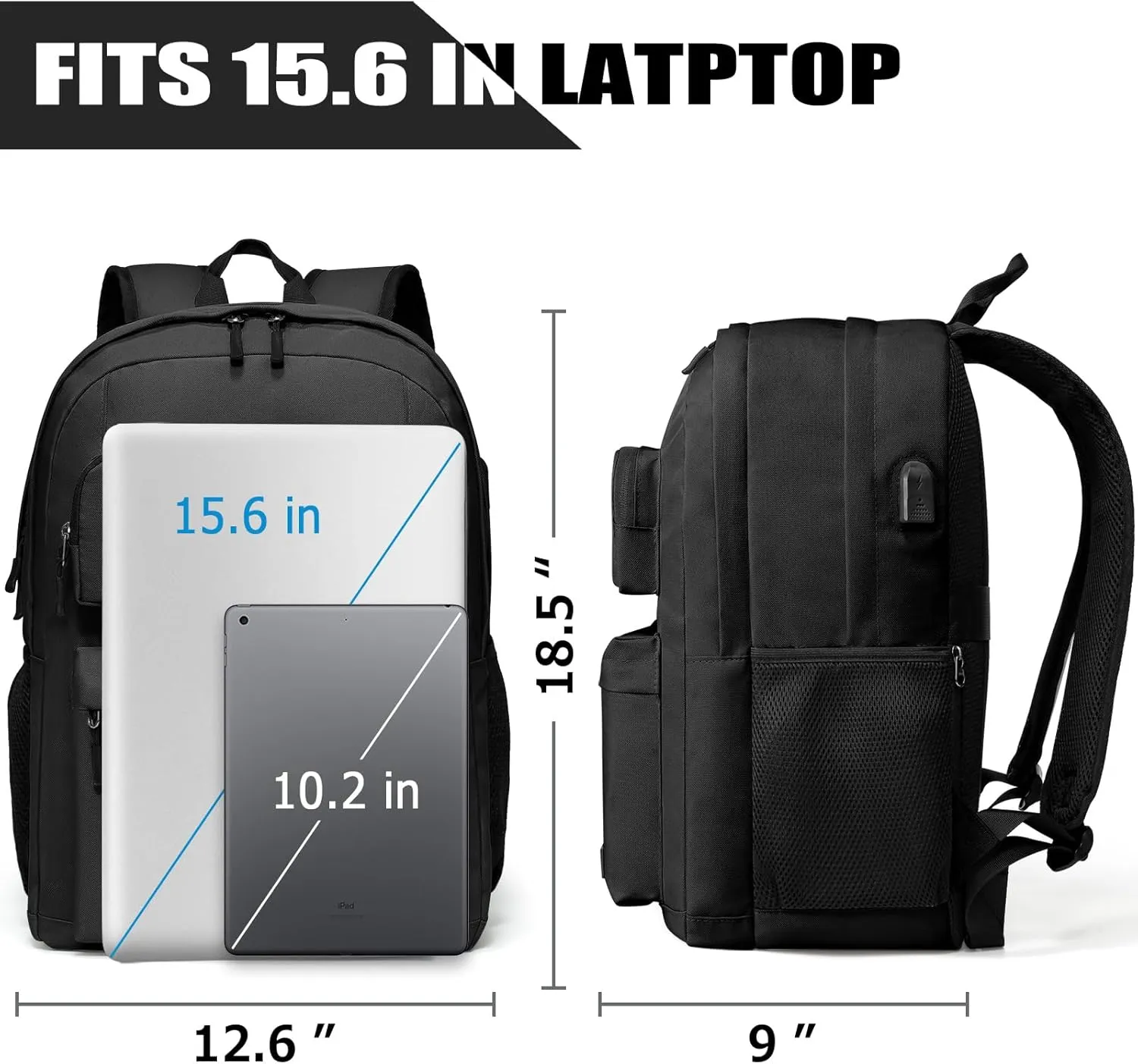 Backpack for School Teen Boys and Girls, School Backpack for Men and Women, Large Kids Bookbag with USB Charging Port Fit 15.6 Inch Laptop/Notebook, Black