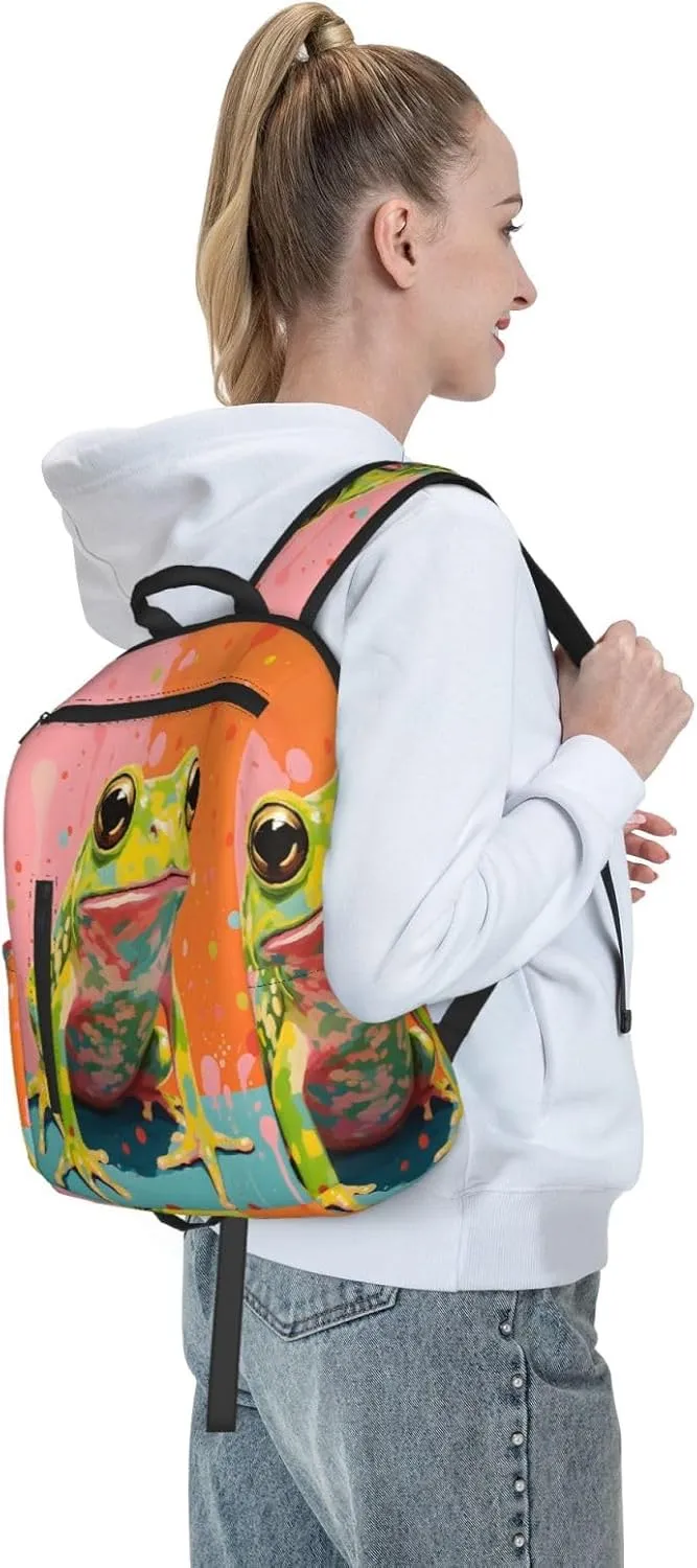 Backpack For Women Men Colorful Frog Art Painting Bookbag Lightweight Travel Casual Daypack Water Resistant Outdoor Hiking Sport Rucksack