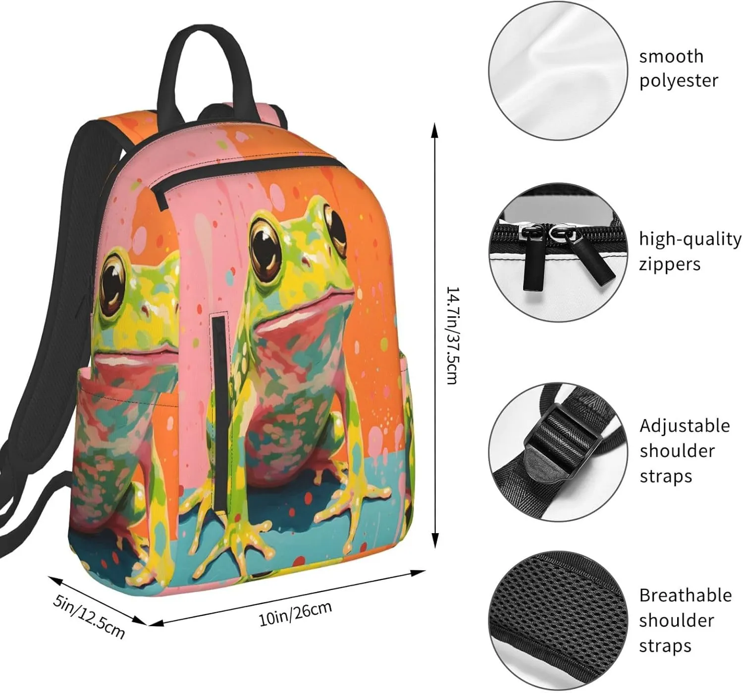 Backpack For Women Men Colorful Frog Art Painting Bookbag Lightweight Travel Casual Daypack Water Resistant Outdoor Hiking Sport Rucksack